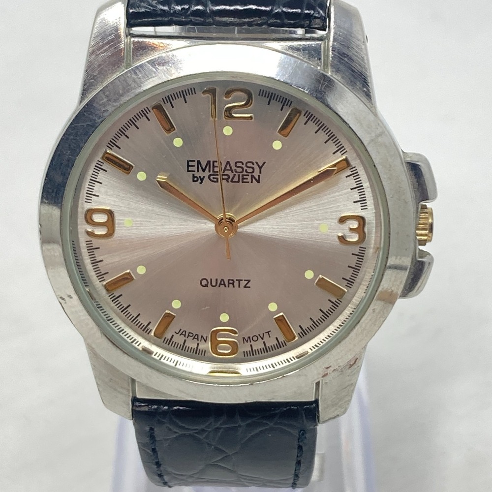 Gruen Embassy Mens Watch 36mm Silver Gold Two Tone Leather Band New Battery 8.5"